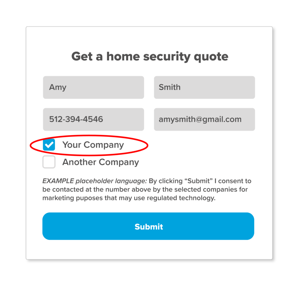 Lead form example showing a list of companies with checkboxes for one-to-one consent