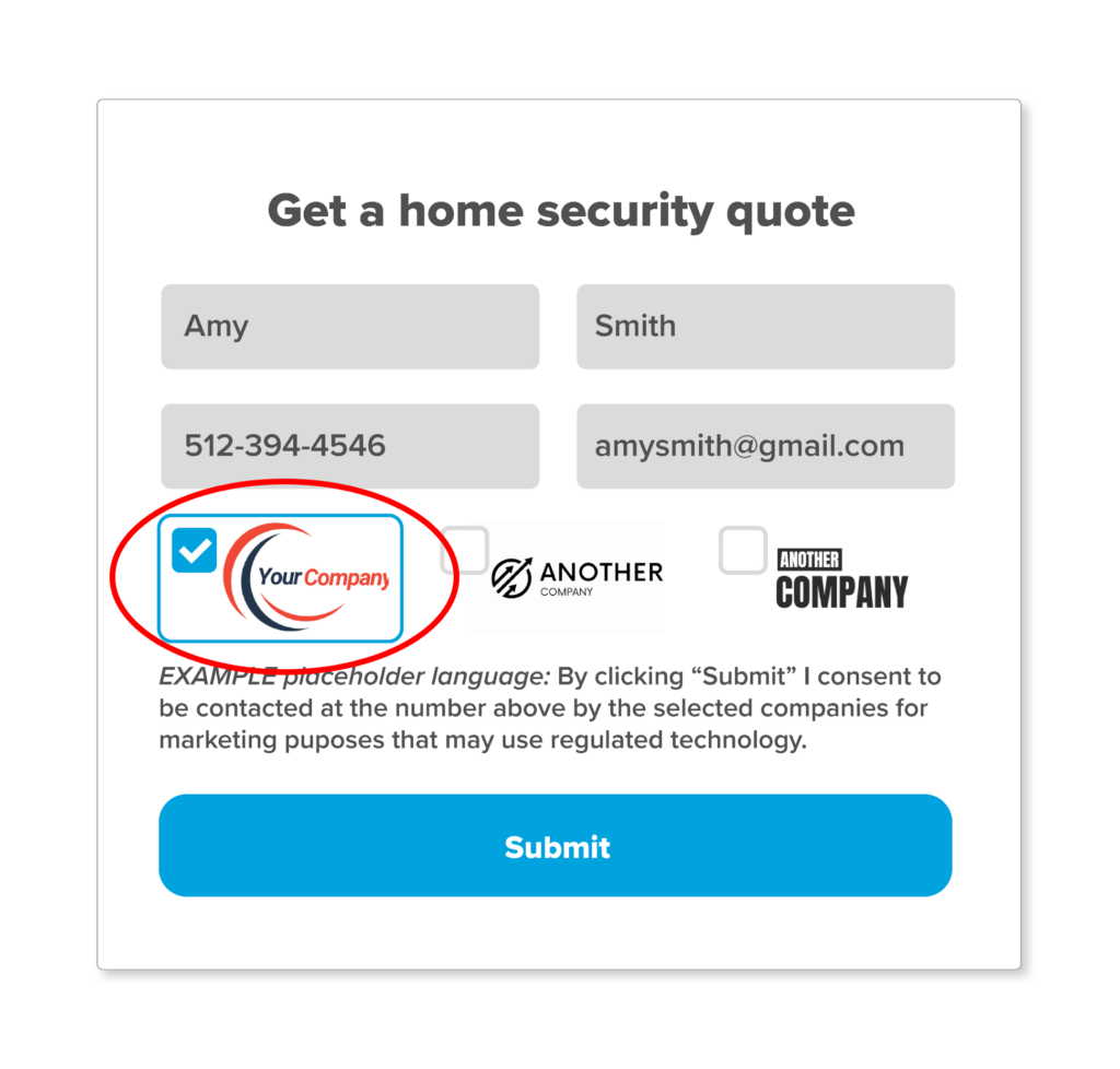 Lead form example showing companies' logos instead of companies' name in the checkboxes for one-to-one consent 