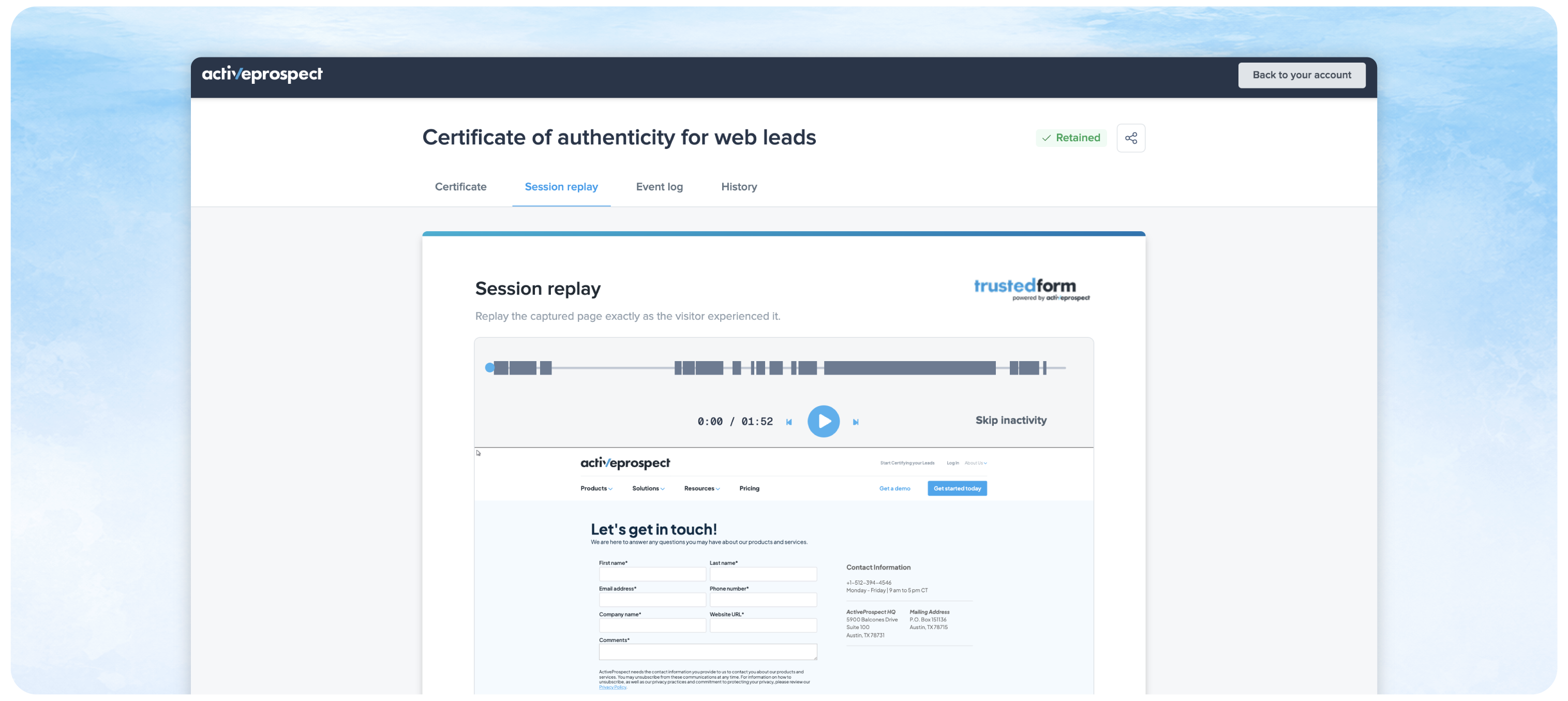 TrustedForm screenshot showing user's session replay