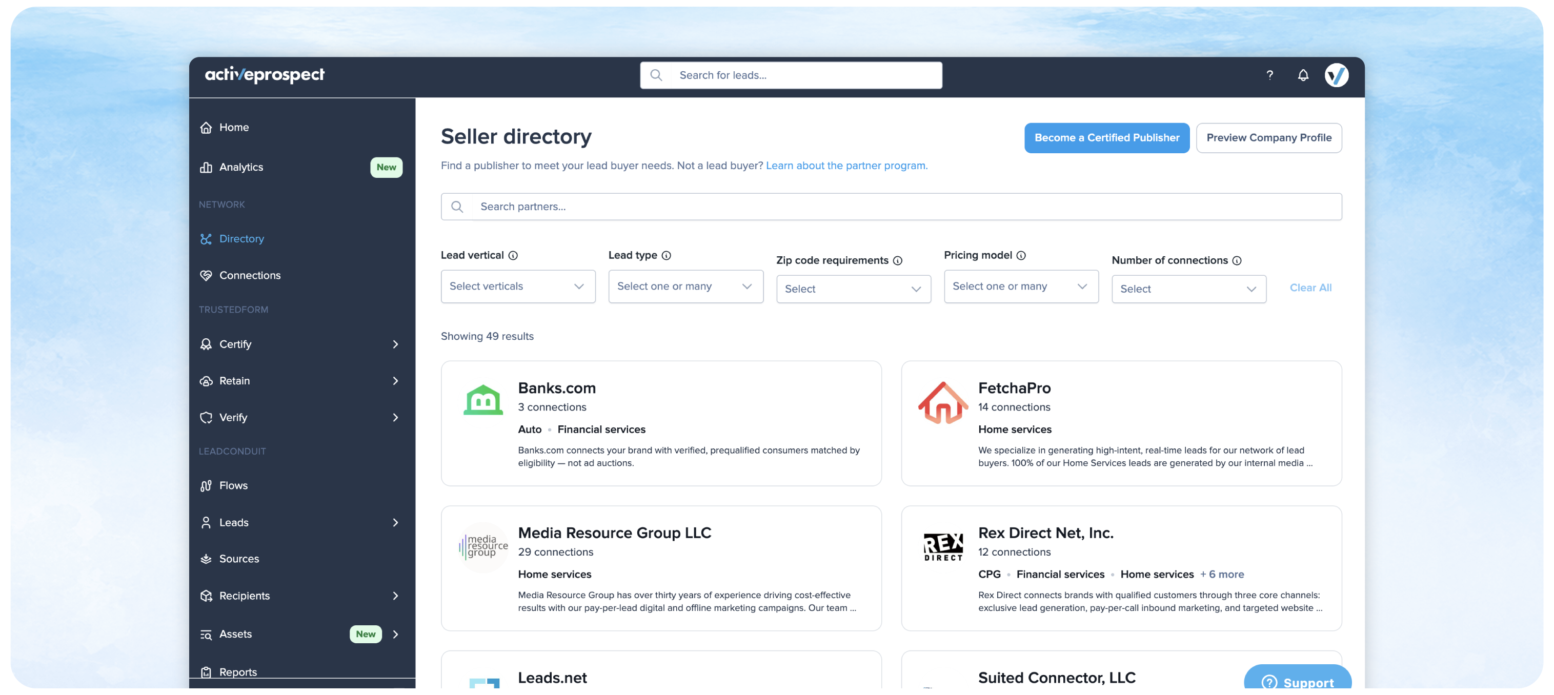 Screenshot showing ActiveProspect Seller Directory