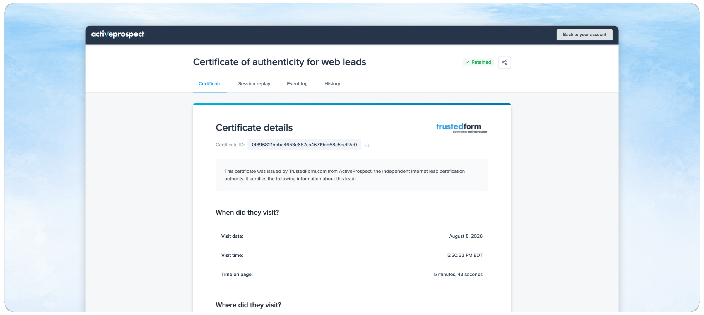 Screenshot showing TrustedForm Certificate of authenticity for web leads